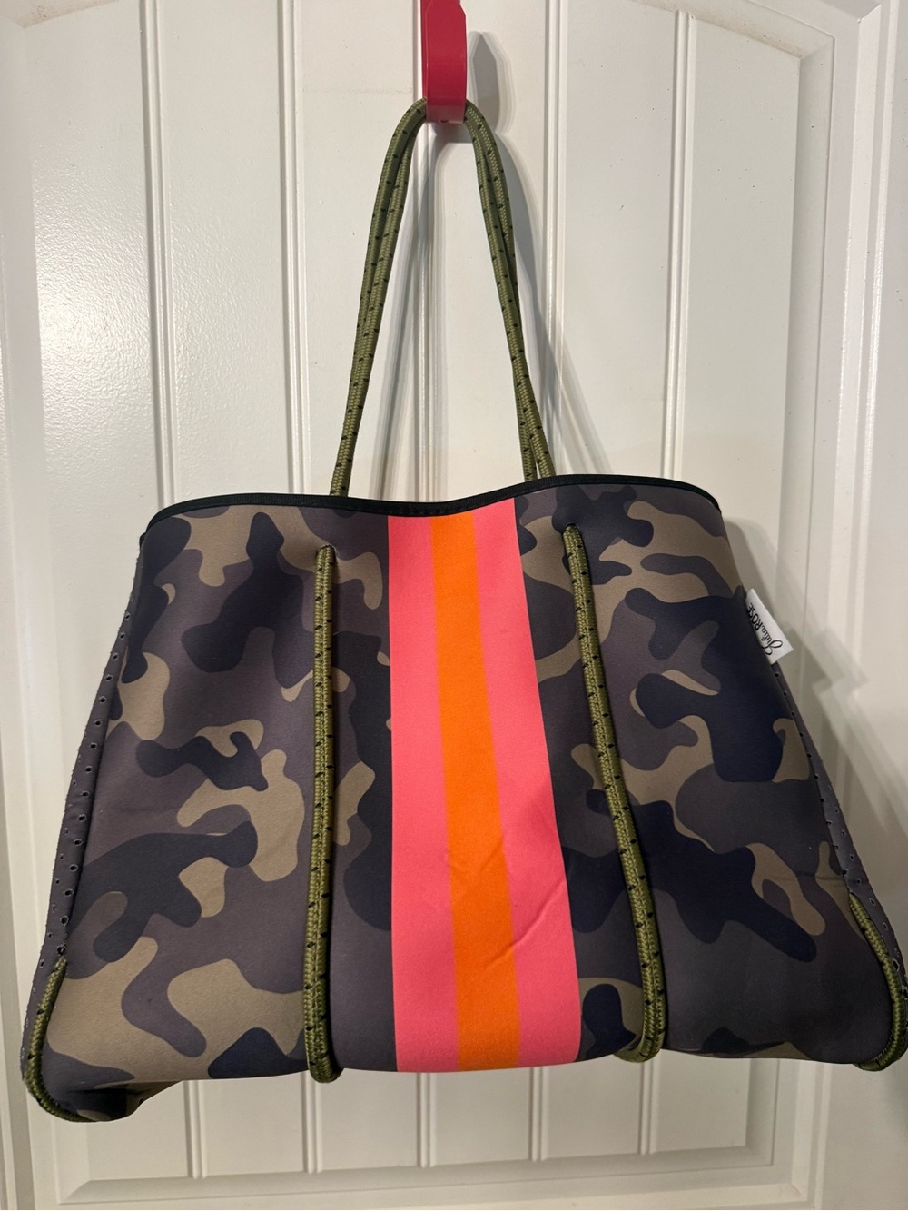 Julia Rose Neoprene Camo Tote with Pink & Orange Stripe
